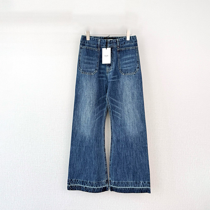 celine back pocket blue triomphe embroidery white flared jeans